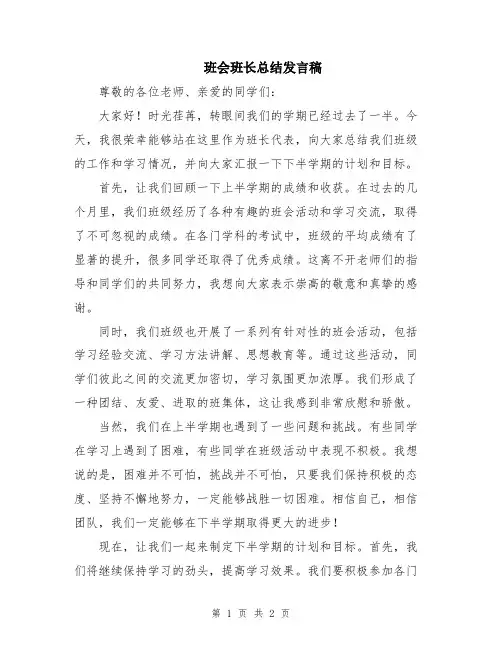 班会班长总结发言稿