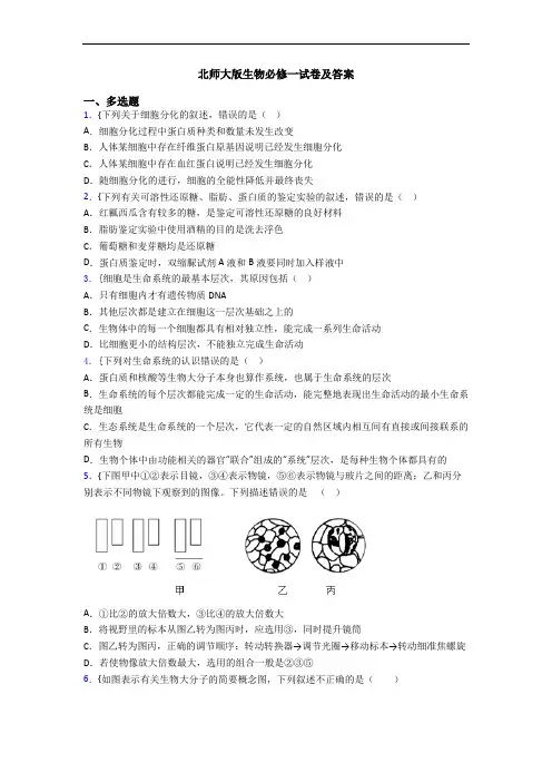 北师大版生物必修一试卷及答案