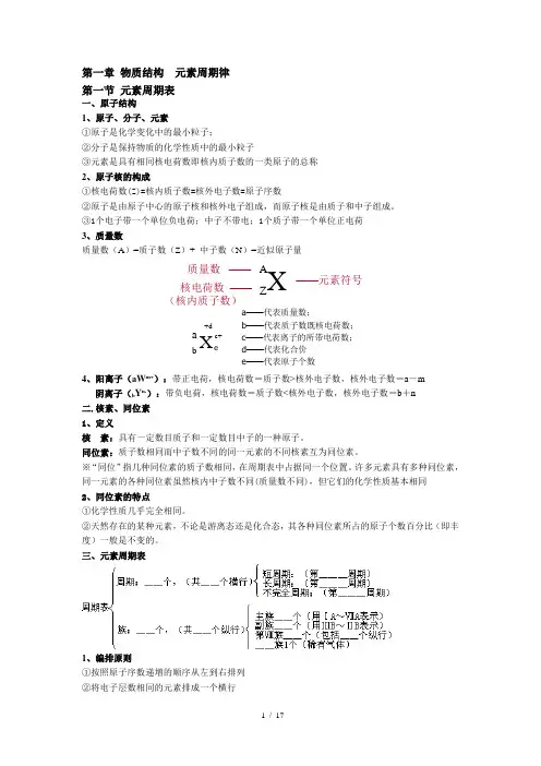 高中化学必修二 第一章 物质结构 元素周期律 讲义及习题