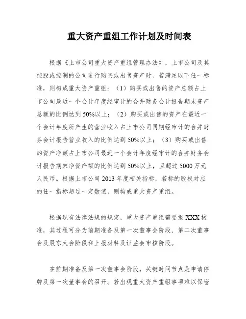 重大资产重组工作计划及时间表