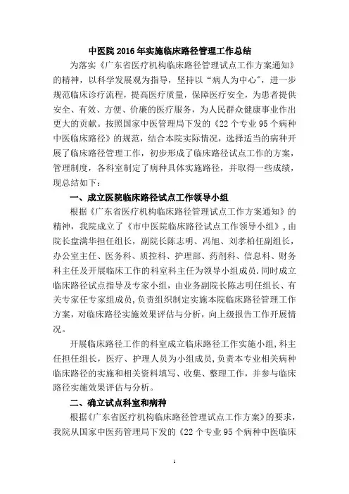 2016市中医院实施临床路径管理工作总结