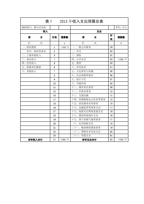 表12015年收入支出预算总表