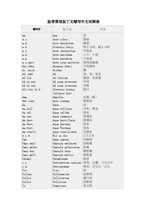 处方常用拉丁文缩写中文对照表__常用医学英文缩写对照表