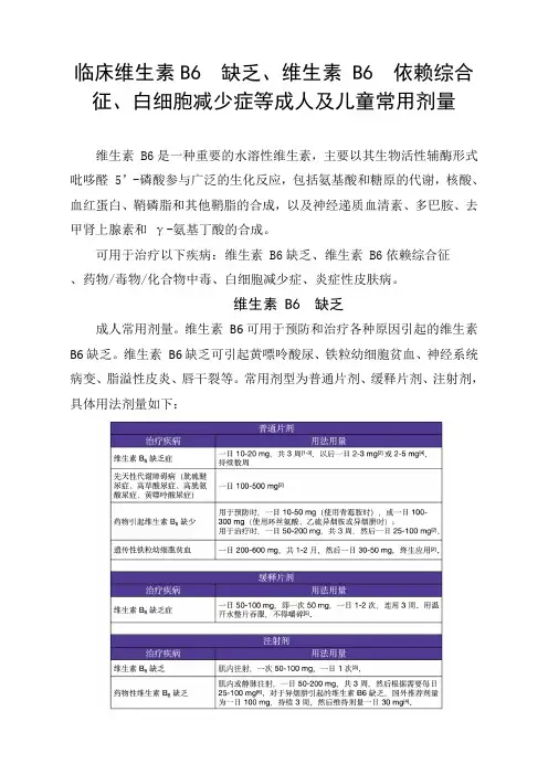 临床维生素B6缺乏、维生素 B6依赖综合征、白细胞减少症等成人及儿童常用剂量