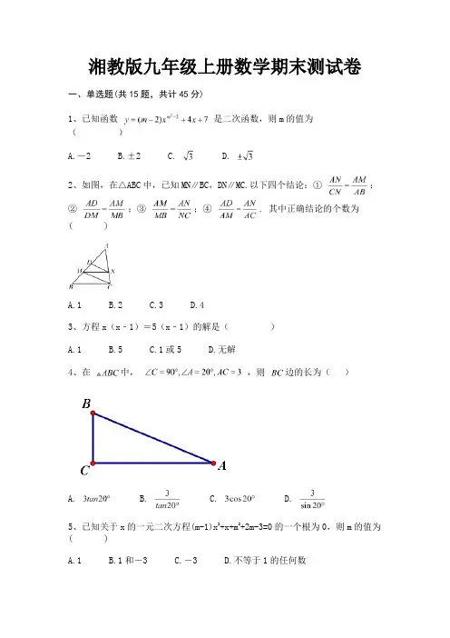 湘教版九年级上册数学期末测试卷(完整版)