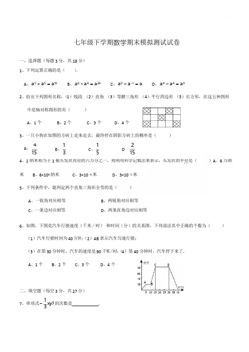 七年级下学期数学期末模拟测试试卷(含答案)