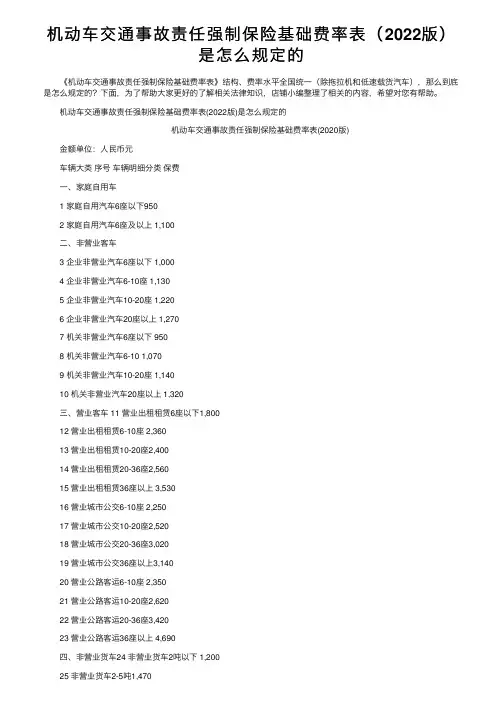 机动车交通事故责任强制保险基础费率表（2022版）是怎么规定的