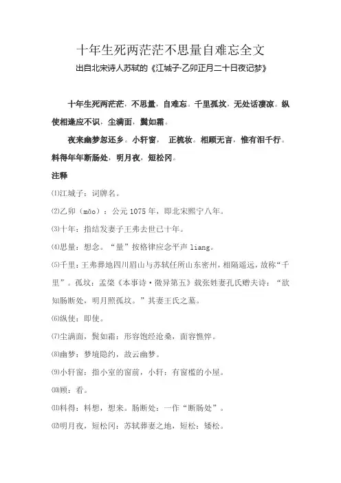 十年生死两茫茫不思量自难忘全文