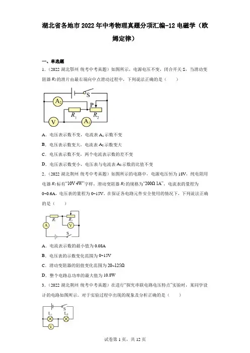 湖北省各地市2022年中考物理真题分项汇编-12电磁学(欧姆定律)