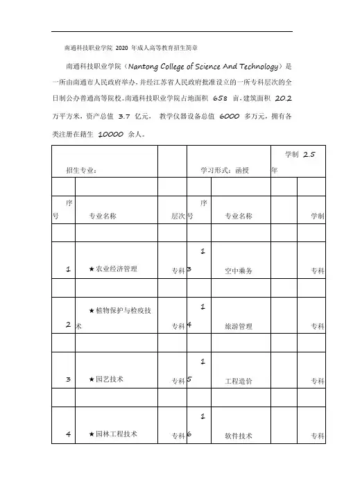 南通科技职业学院 2020 年成人高等教育招生简章