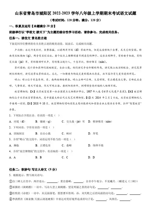 山东省青岛市城阳区2022-2023学年八年级上册期末语文试题(含解析)
