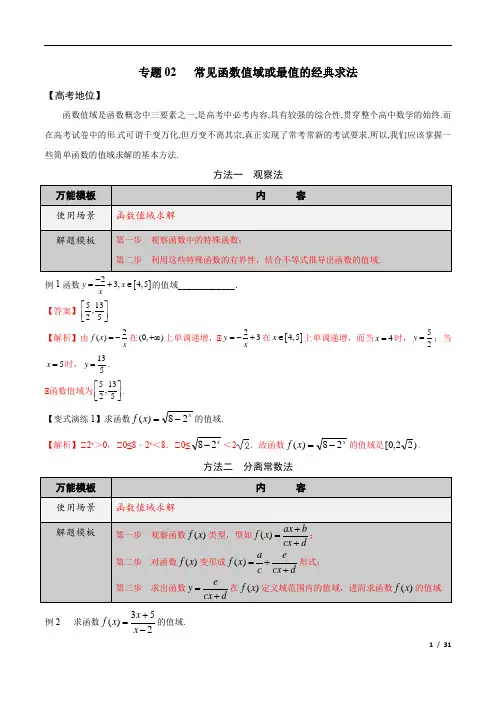 专题02 常见函数值域或最值的经典求法-学会解题之高三数学万能解题模板【2022版】(解析版)