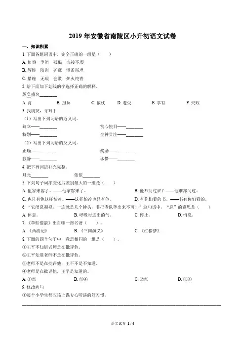 2019年安徽省南陵区小升初语文试卷
