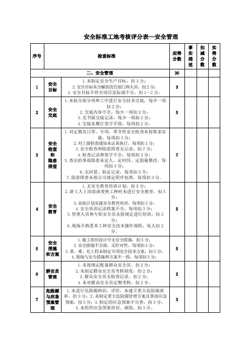 安全标准工地考核评分表—安全管理