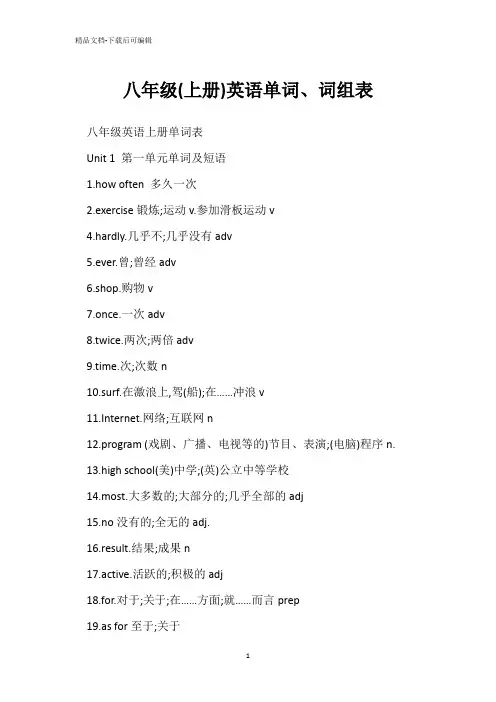 八年级(上册)英语单词、词组表 
