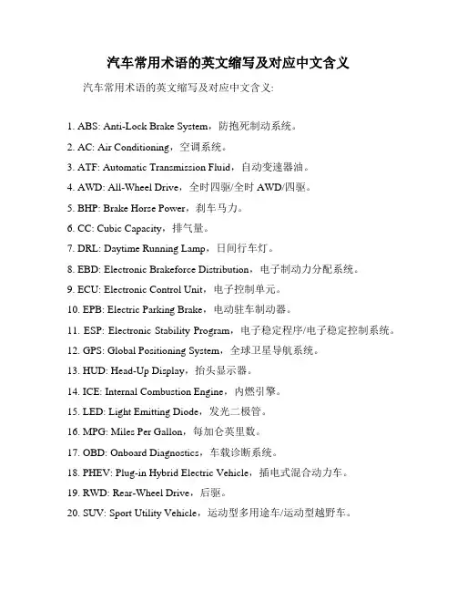 汽车常用术语的英文缩写及对应中文含义