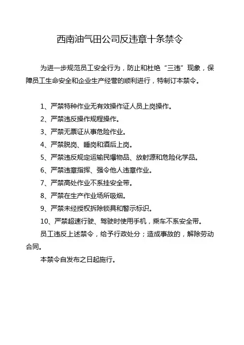 西南油气田公司反违章十条禁令及条文解释