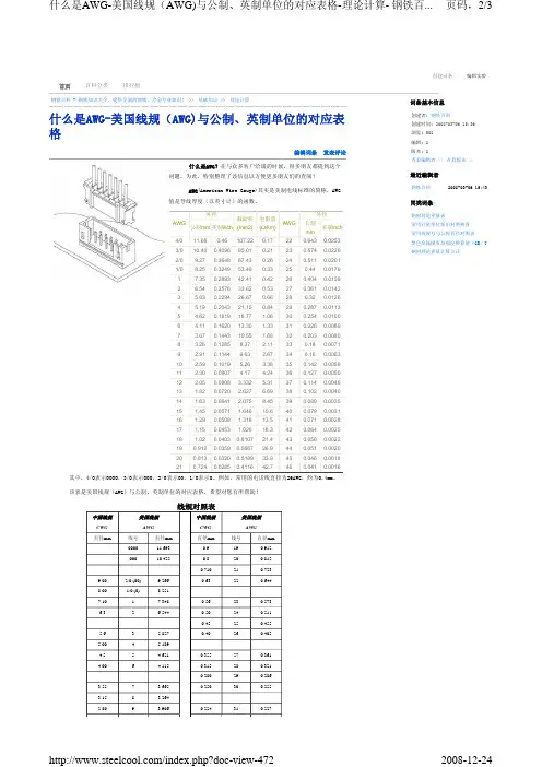 AWG美国线规与公制、英制单位对照表