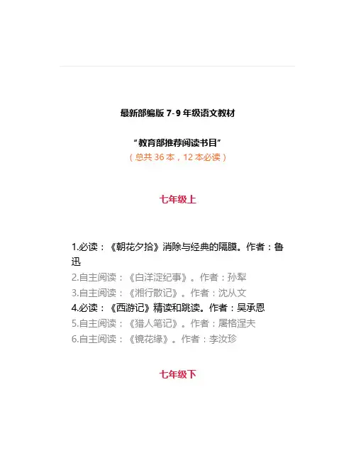 7~9年级语文必考名著最全汇总(12部作品知识点、习题及答案)