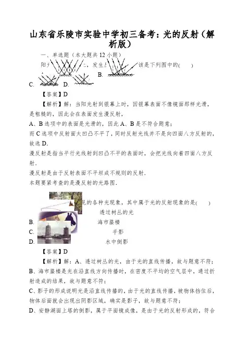 山东省乐陵市实验中学初三备考：光的反射(解析版)