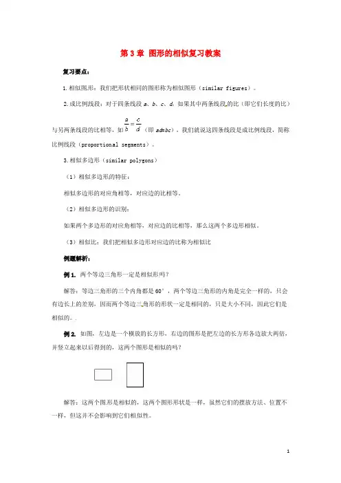 九年级数学上册 第三章 图形的相似复习与小结教案 湘教版