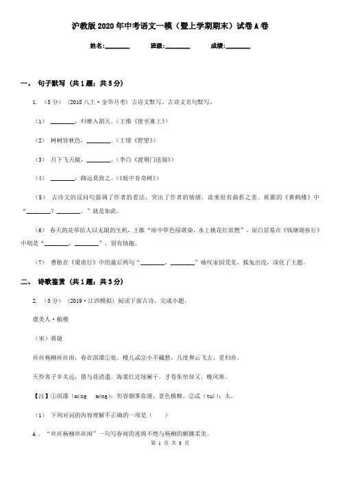 沪教版2020年中考语文一模(暨上学期期末)试卷A卷