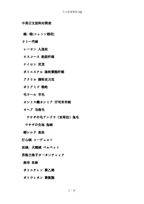 中英日文面料对照表