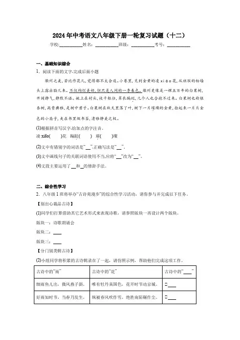2024年中考语文八年级下册一轮复习试题(十二)(含答案)