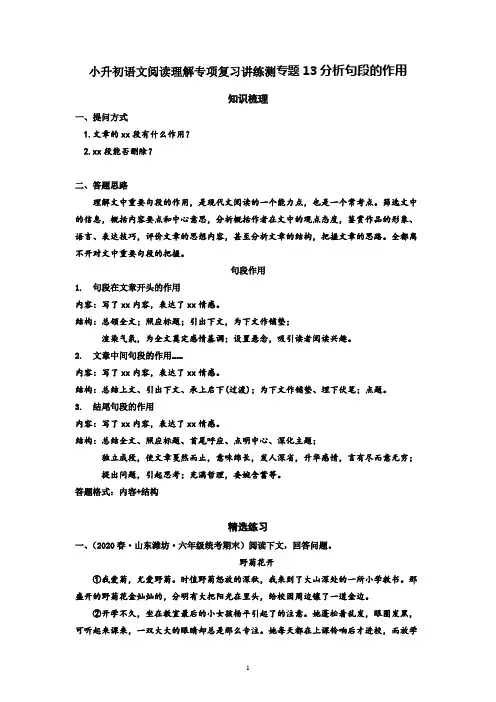 小升初语文阅读理解专项复习讲练测专题13分析句段的作用 有答案