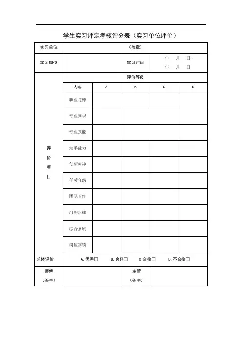 学生实习评定考核评分表