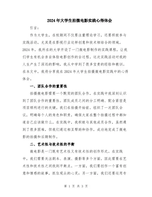 2024年大学生拍微电影实践心得体会