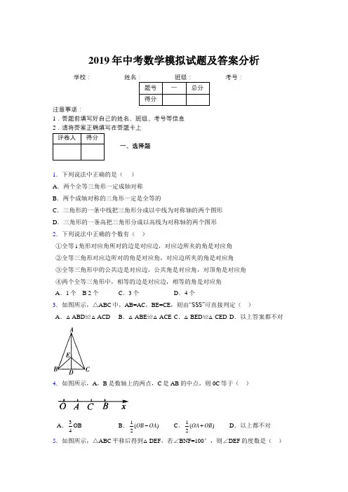2019年中考数学模拟试题及答案分析118763