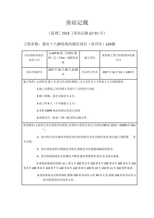 混凝土砼浇筑监理旁站记录