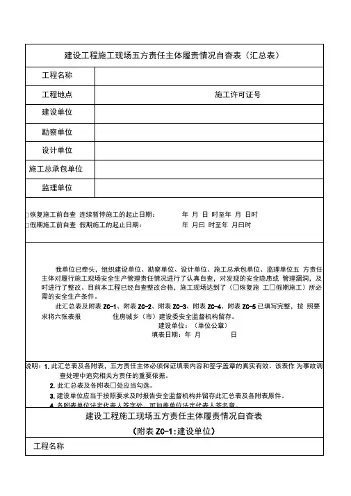 建设工程施工现场五方责任主体履责情况自查表