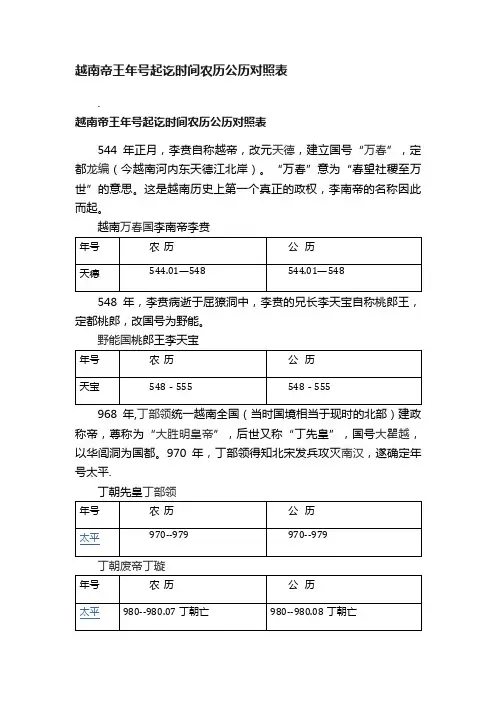 越南帝王年号起讫时间农历公历对照表