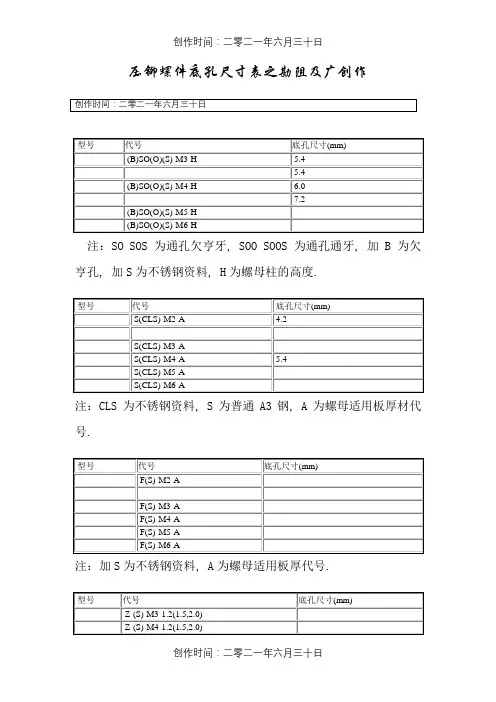 压铆螺件底孔尺寸表