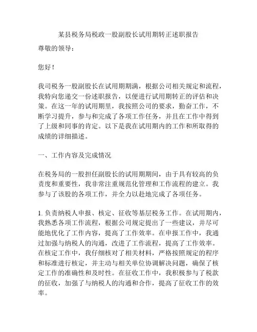 某县税务局税政一股副股长试用期转正述职报告