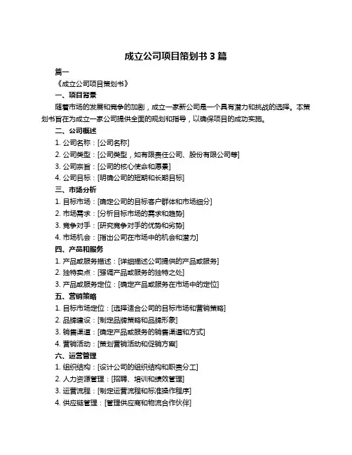 成立公司项目策划书3篇