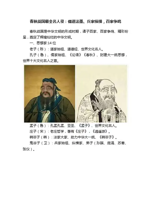 春秋战国最全名人录：儒道法墨、兵家纵横，百家争鸣