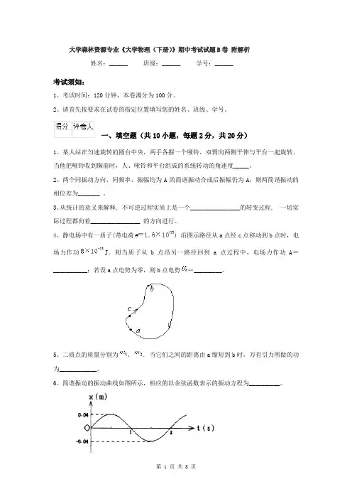 大学森林资源专业《大学物理（下册）》期中考试试题B卷 附解析