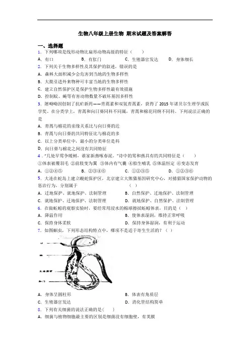 生物八年级上册生物 期末试题及答案解答