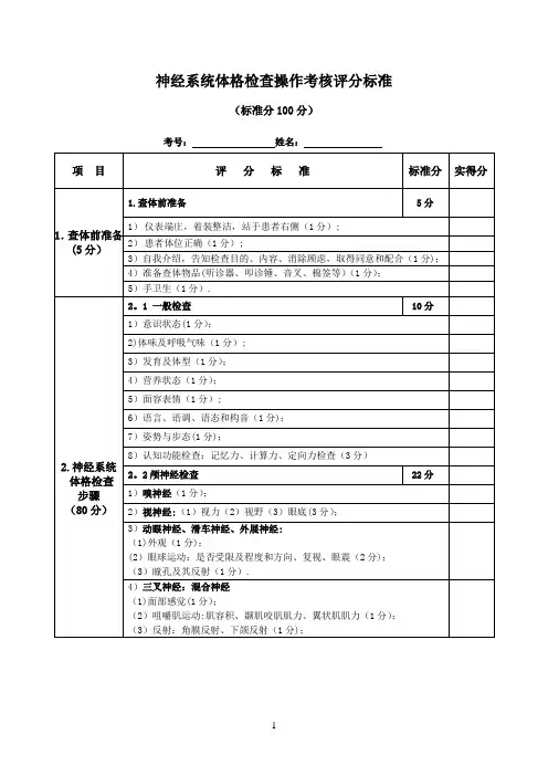 9、神经系统查体考核评分标准