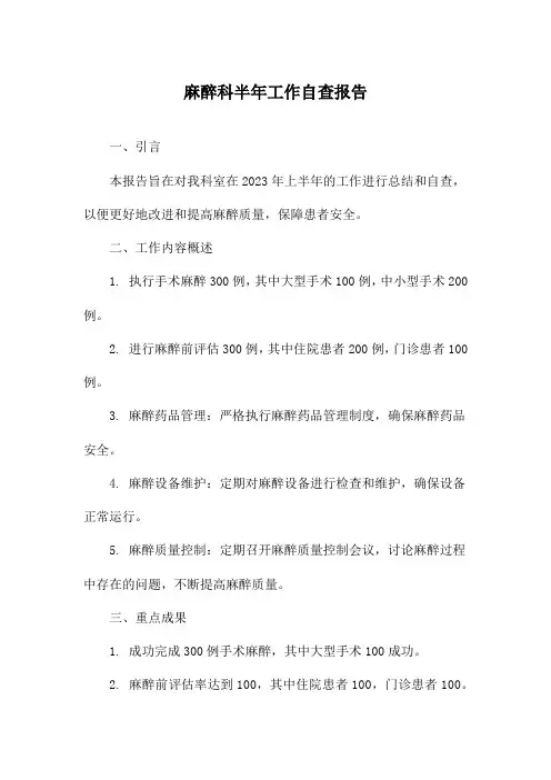 麻醉科半年工作自查报告