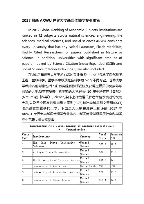 2017最新ARWU世界大学新闻传播学专业排名