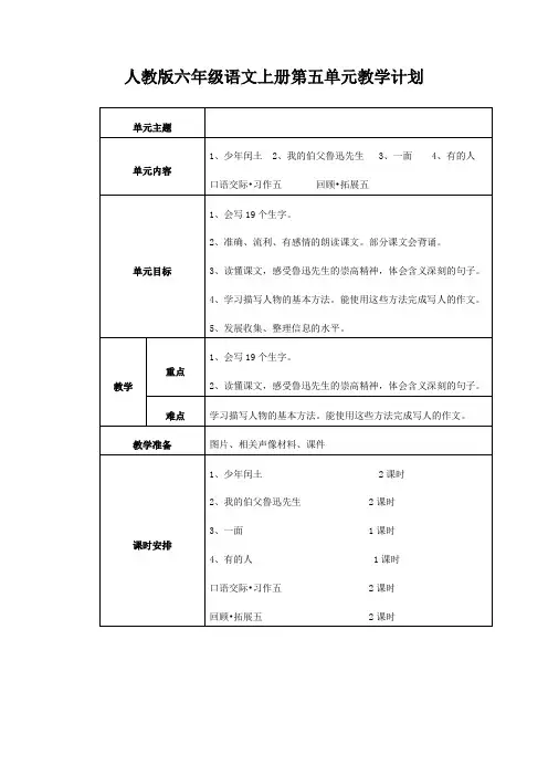 人教版六年级语文上册第五单元教学计划  