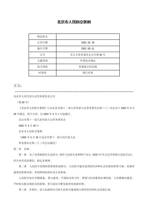 北京市人民防空条例-市人大常务委员会公告第50号