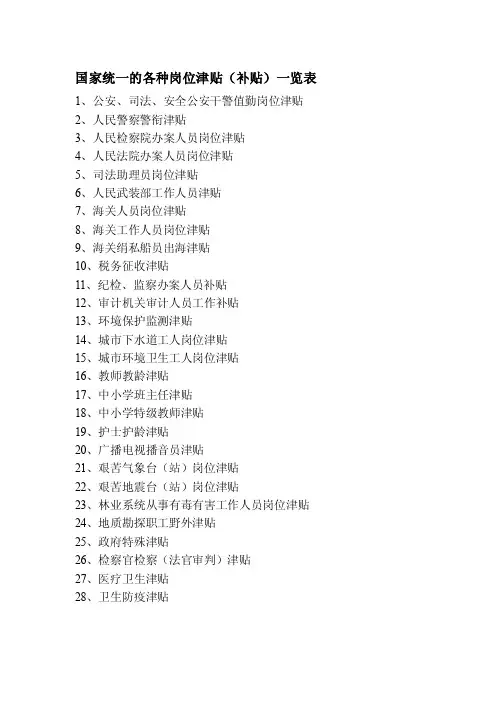 国家统一的各种岗位津贴（补贴）一览表[资料]