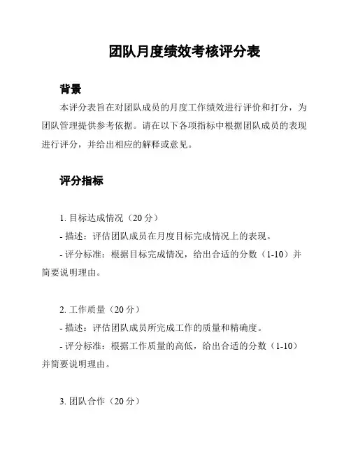 团队月度绩效考核评分表