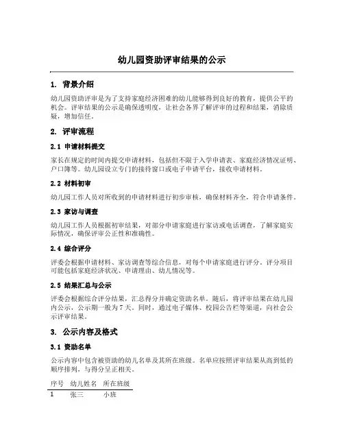 幼儿园资助评审结果的公示