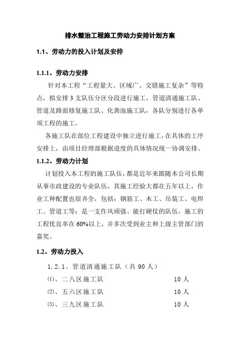 排水整治工程施工劳动力安排计划方案